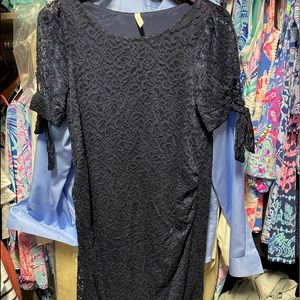 Navy Lace Overlay Sleeve Tie Maternity Dress